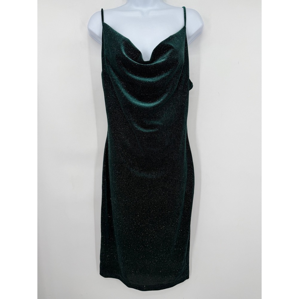 Lulus Emerald Green Glitter Cowl Neck Mini Dress L Shimmer Bodycon Sleeveless